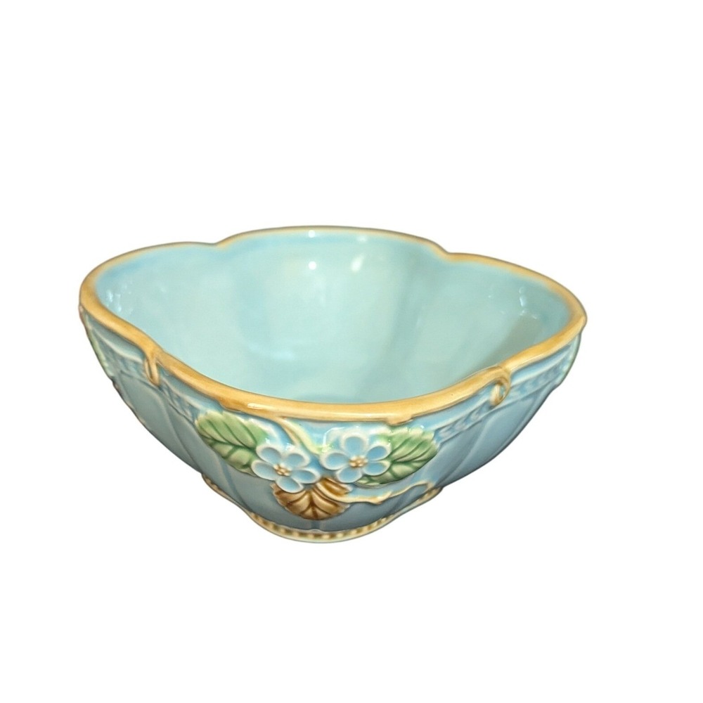 Burton + Burton Majolica Berries Blue Ceramic Scalloped Floral Berry Bowl 6 Inch
